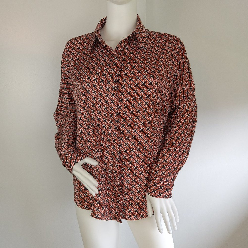 Express Women's Button Front Shirt Size Small Orange Black White Chain Print Top